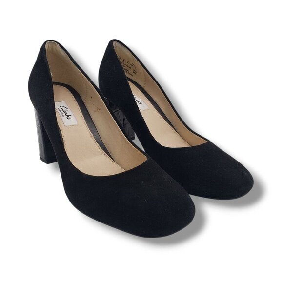 Clarks Narrative Gabriel Mist Pump Womens 8 Black Suede Square Toe - Picture 2 of 11
